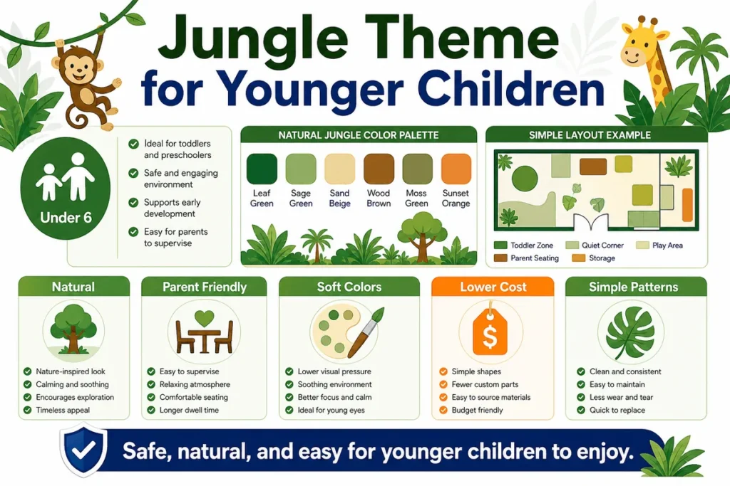 This infographic summarizes why jungle themes are useful for younger children and how a simple color and pattern system can control budget.
