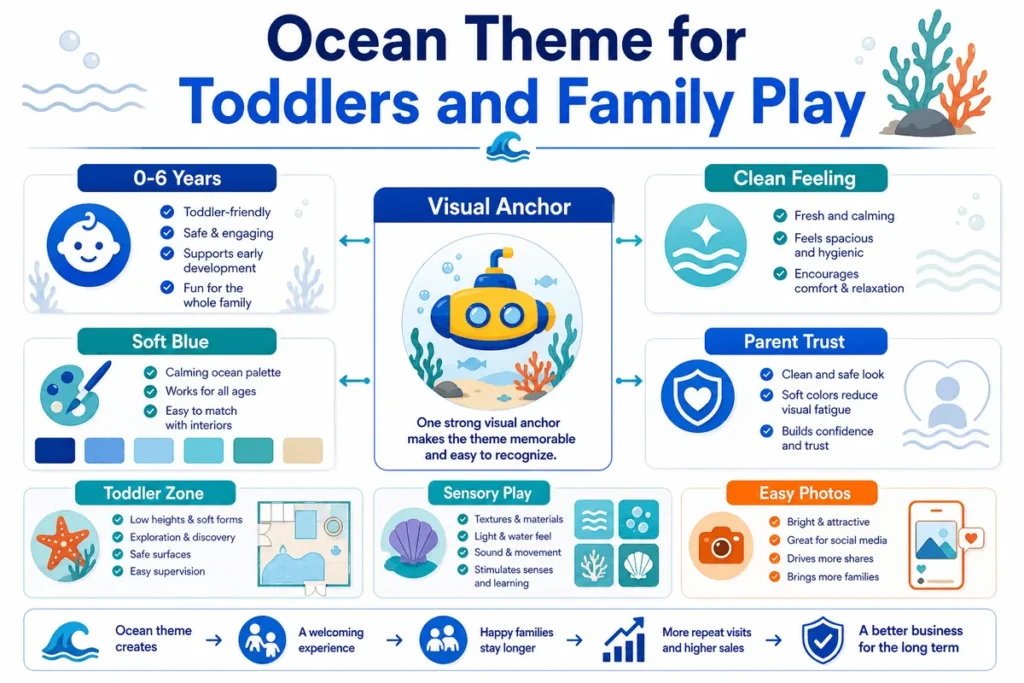 This infographic explains why ocean themes work well for low-age play areas and how to avoid making the theme feel too generic.