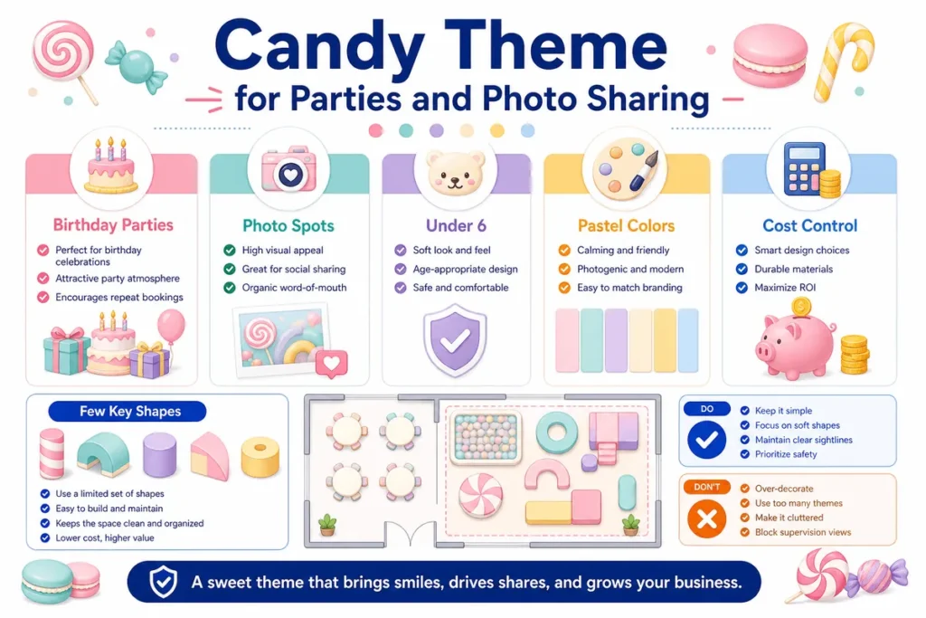 This infographic shows how candy themes can support party bookings, photo sharing, and young-child appeal without overusing expensive custom shapes.