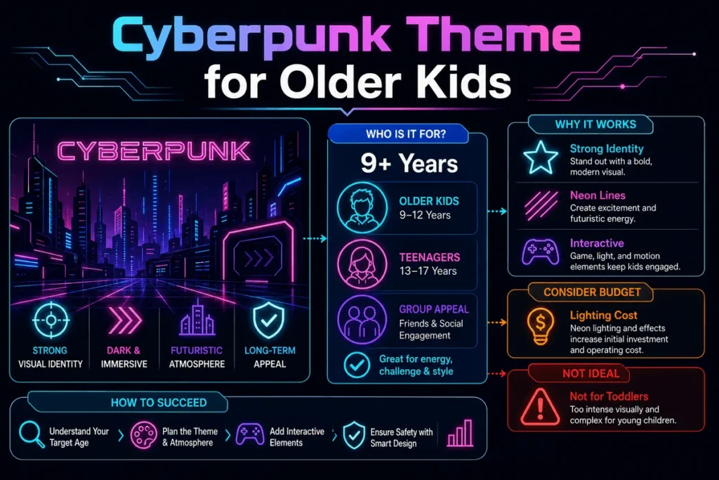 This infographic explains when a cyberpunk theme fits an indoor playground and why it is usually better for older children than toddlers.