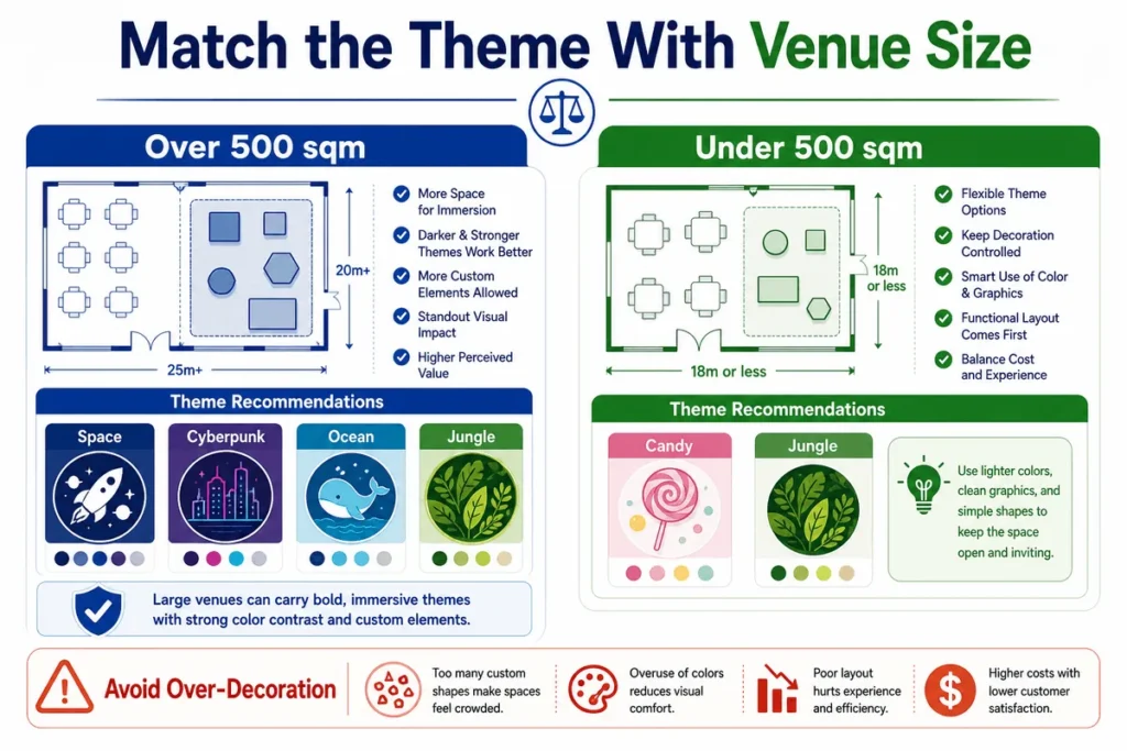 This infographic compares theme choices for venues over and under 500 square meters and highlights why over-decoration can make small spaces feel crowded.