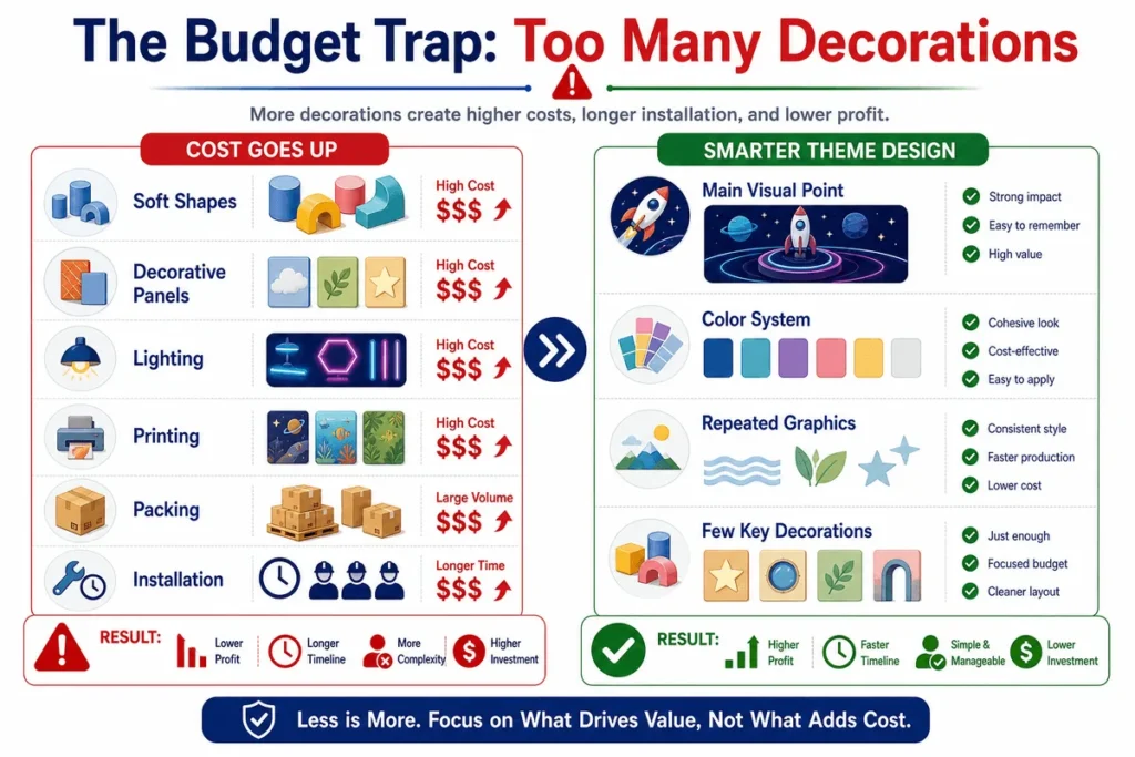 This infographic explains how theme decoration affects budget and why a main visual point, color system, and a few key decorations can be more efficient.