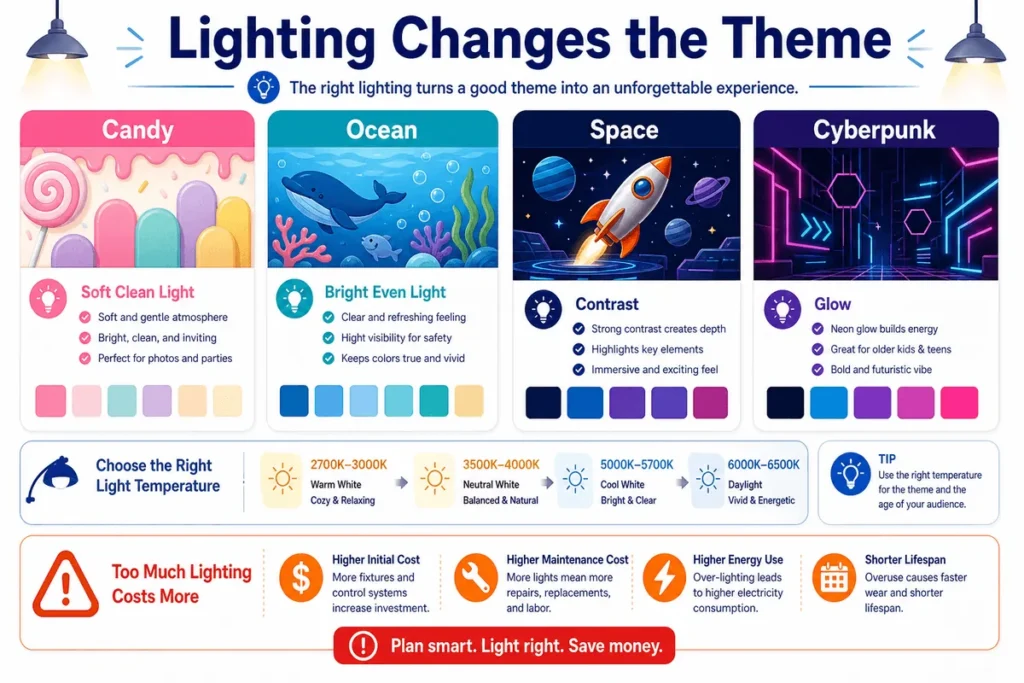 This infographic shows how lighting temperature, contrast, glow, and maintenance cost can change the final theme effect of an indoor playground.