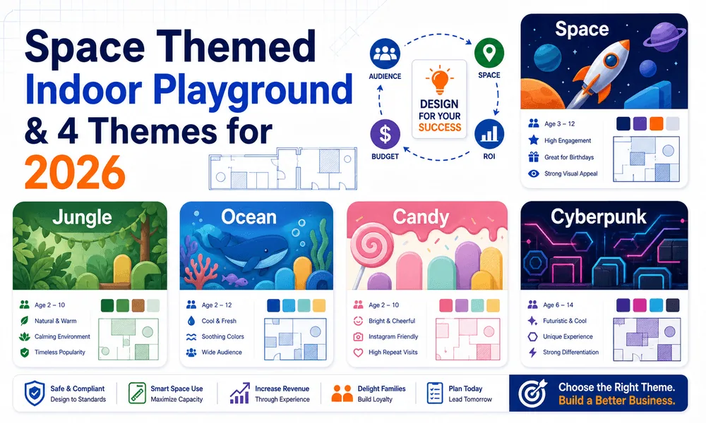 This featured image introduces the article's theme comparison framework for choosing an indoor playground theme based on venue size, age group, budget, lighting, and visual impact.