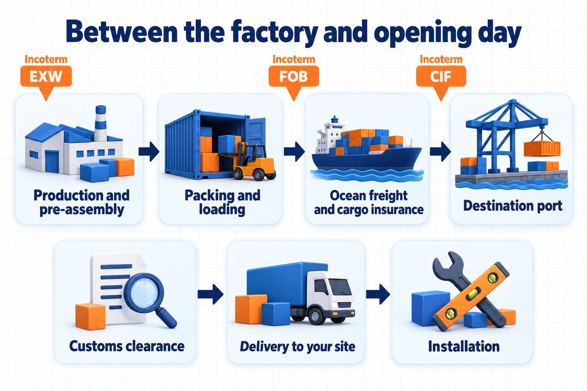 Stages between the factory and opening day, from production and pre-assembly to installation, with the points where EXW, FOB and CIF terms end
