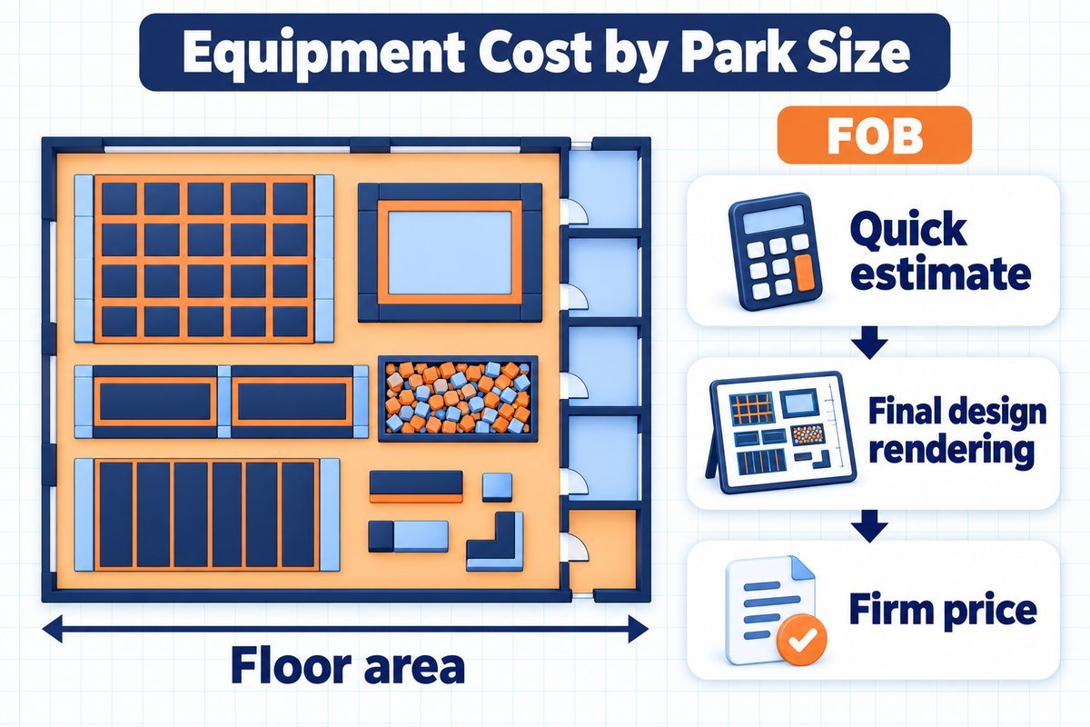 Equipment cost by park size: our quick estimate is per square meter of floor area, FOB, and the firm price follows the final design rendering