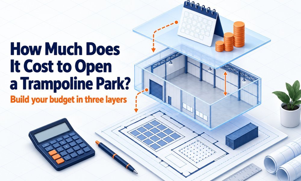 How Much Does It Cost to Open a Trampoline Park? Illustration of a budget in three layers: a floor plan and shipping container, a warehouse building, and a calendar with coins