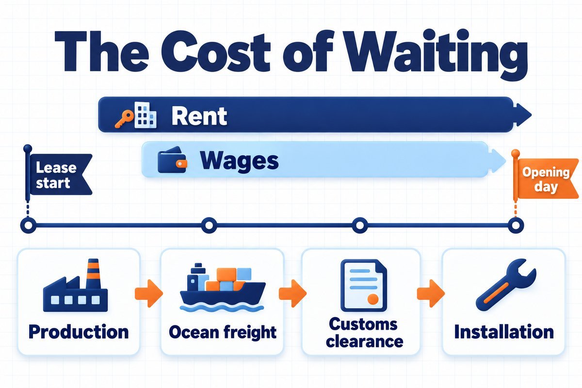 The cost of waiting: rent runs from the lease start and wages from hiring until opening day, while the equipment goes through production, ocean freight, customs clearance and installation